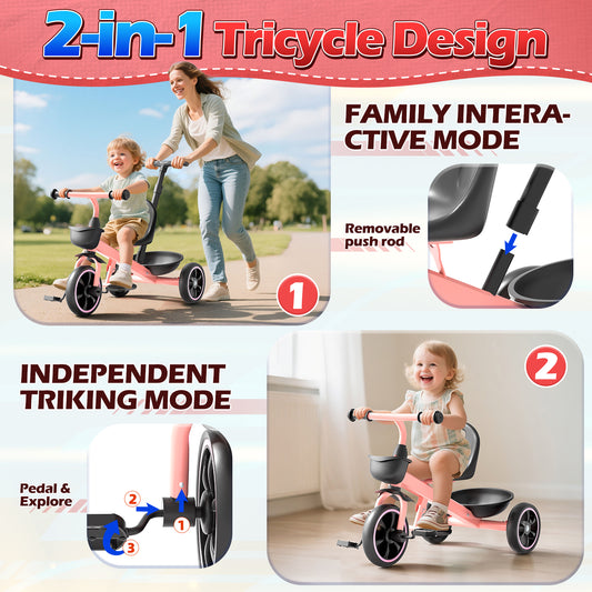 JoyStone 2-in-1 Toddler Tricycle for Ages 1-4 Years, Kids Trike Toddler Bike with Removable Push Handle, Adjustable Seat & Basket, Pink