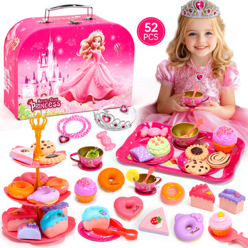 JoyStone 52 PCS Tea Party Set, Pretend Tin Teapot Set with Crown, Necklace, Rings, Cups, Plates & Accessories, Ideal Birthday and Holiday Gifts for Kids Age 3-6, Pink