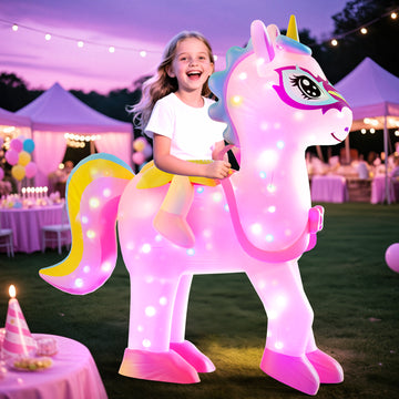 Wonderstone Kids Inflatable Costume, Riding-on Unicorns Blow-up Costume with LED Lights, Funny Halloween and Thanksgiving Party Costume for Girls Aged 6–10