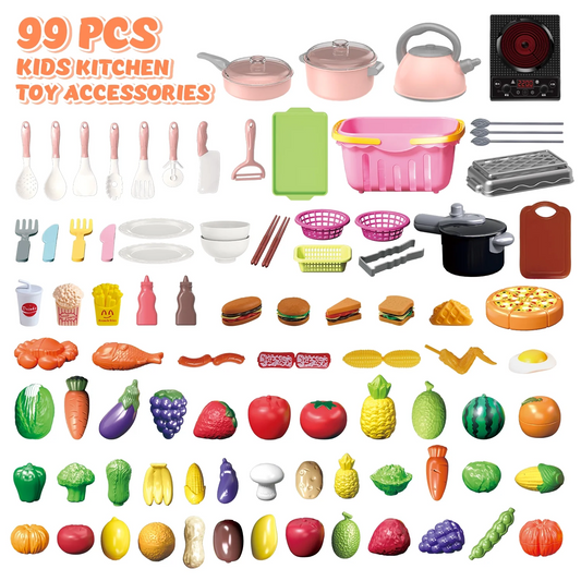 JoyStone 99PCS Kids Kitchen Toy Cookware with BBQ Play Food Toy Set,Kitchen Play Accessories with Pots and Pans,Cutting Food Toy Utensils, Toys Gift for Toddlers, Pink