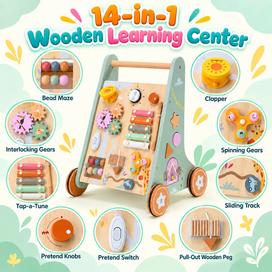 Wonderstone Wooden Baby Walker with Wheels, Push Walker Activity Center Toys, Multi-Sensory Educational Learning Toy for Boys and Girls Ages 12-36 Months