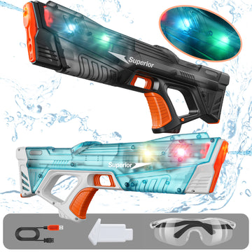 WonderStone 2 Pack Electric Water Blaster, Modular Battery Powered Automatic Waterproof Water Machine with Light, 32 Ft Long Range, Pool & Beach Outdoor Party Toy for Kids Ages 8–12, Black & Cyan
