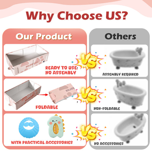 Wonderstone Portable Foldable Bathtub, Rectangle Baby Shower Tub with Drainage Design, Beach Vacation Travel Essentials for 1-3 Kids Toddler (Pink)