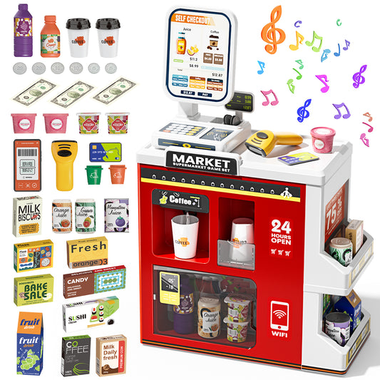 JoyStone 47PCS Pretend Play Cash Register Toy with Lwith Storage Bag, Pretend Coffee Machine Play Food Accessories, Scanners, Preschool Gifts for Toddlers for Boys and Girls, Red
