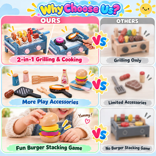 Wonderstone Wooden BBQ Grill Pretend Play Set for Kids, Kitchen Barbecue Toy with Cooking Accessories, Educational Role Play Food Toy, Birthday Gift for Toddlers 3+