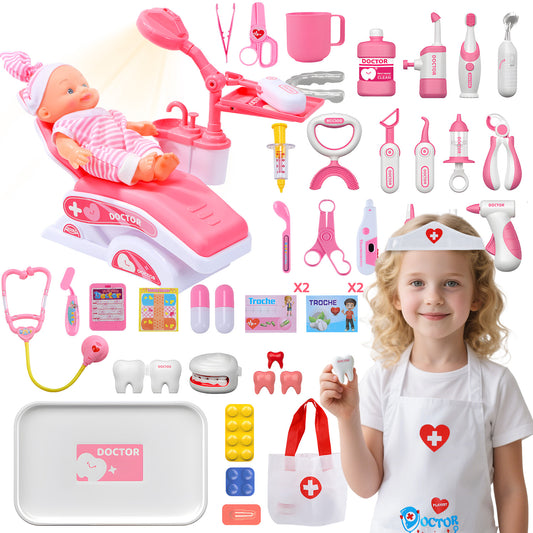 WonderStone Dentist Play Set , 48PCS Pretend Play Doctor Kit with Doll & Costume, Realistic Role-Playing Toys for Toddlers 3-5, Kids Medical Set for Boys & Girls