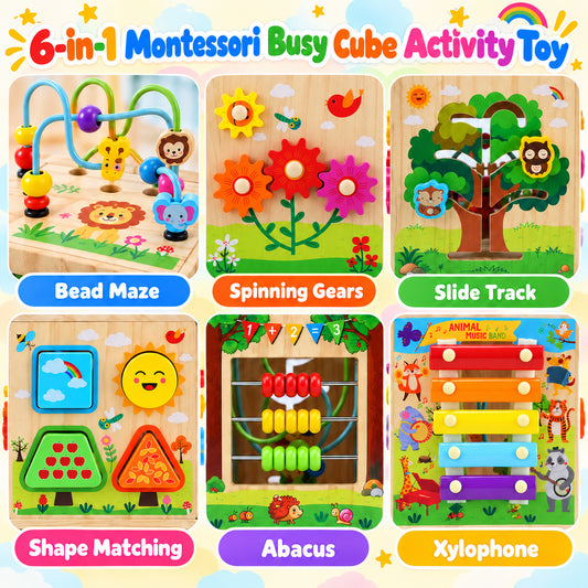 WonderStone 6-in-1 Wooden Activity Cube, Toddler Multi-Sided Educational Play Cube with Bead Maze, Abacus, Tree Slider, Shape Sorter & Xylophone, Montessori Learning Toy for Boys Girls
