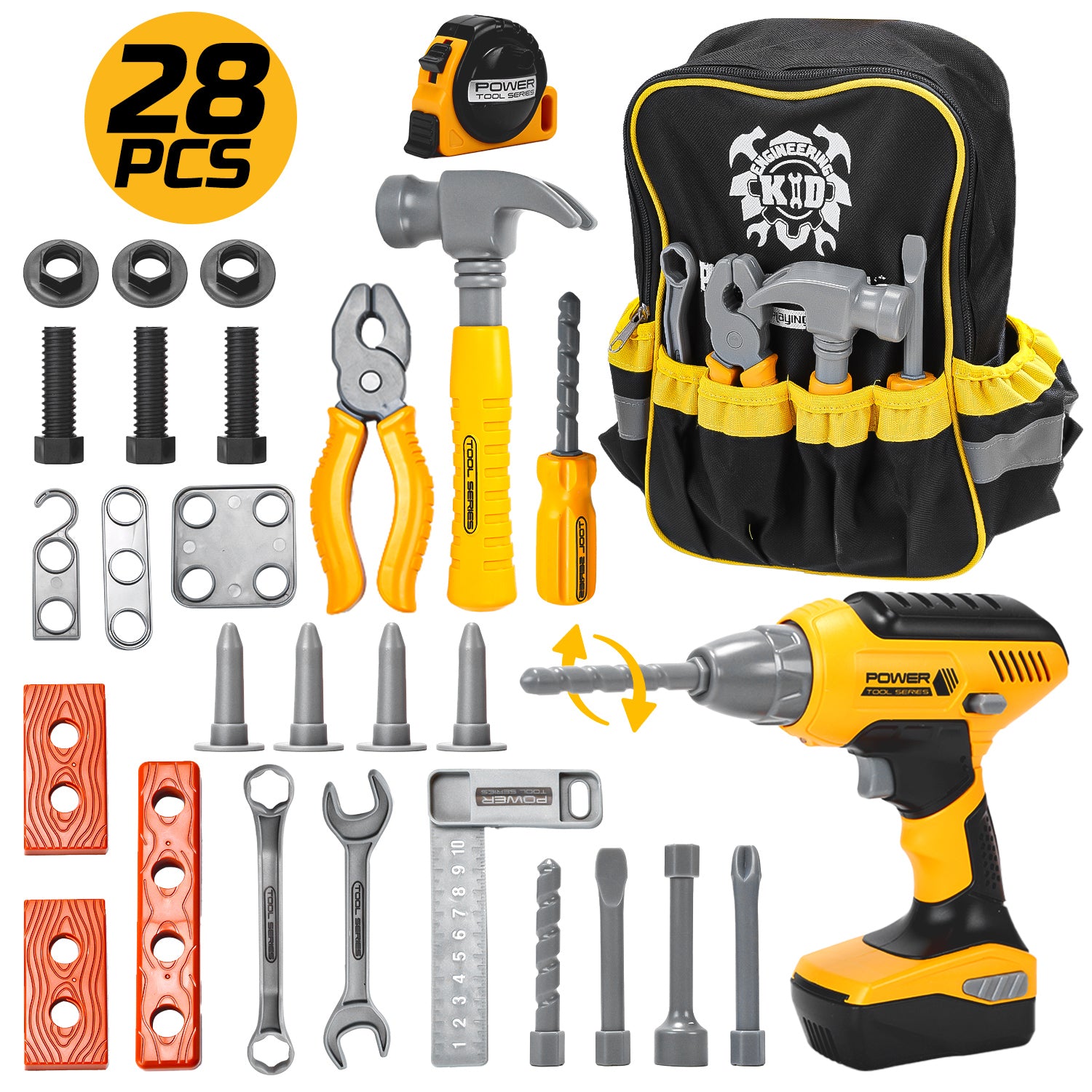 JoyStone Kids Tool Set 28PCS with Toy Drill, Backpack, Pretend Construction Toys for Toddlers Boys Girls Ages 3-5
