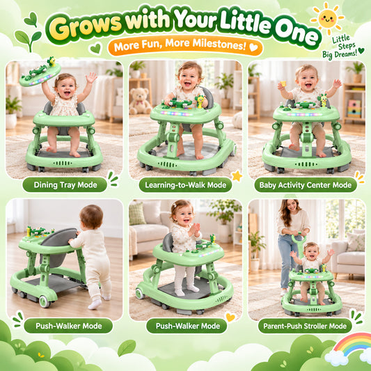 WonderStone Baby Walker with Steering Wheel, Adjustable Seat and Height, Walkers with Music & Light, Activity Center for Boys and Girls 6-24 Months (Green)