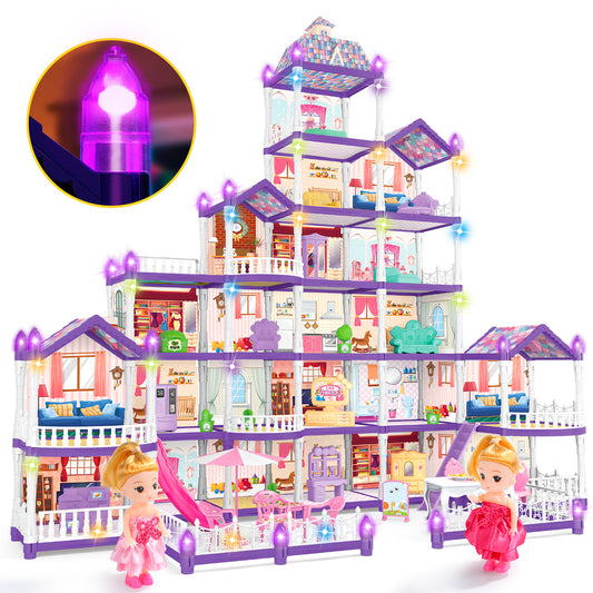 JoyStone DollHouse with Colorful Light, Pretend Play Toddler Doll House Furniture Sets with 2 Dolls, 22 Rooms DIY house, Creative Gift for Girls, Purple