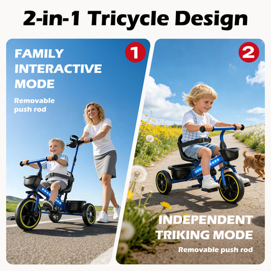 JoyStone 2-in-1 Toddler Tricycle, Kids Trike with Parent Push Handle, LED Lights, Adjustable Seat, Storage Basket, Push Tricycle Bike for 1-4 Year Old Boys and Girls, Blue