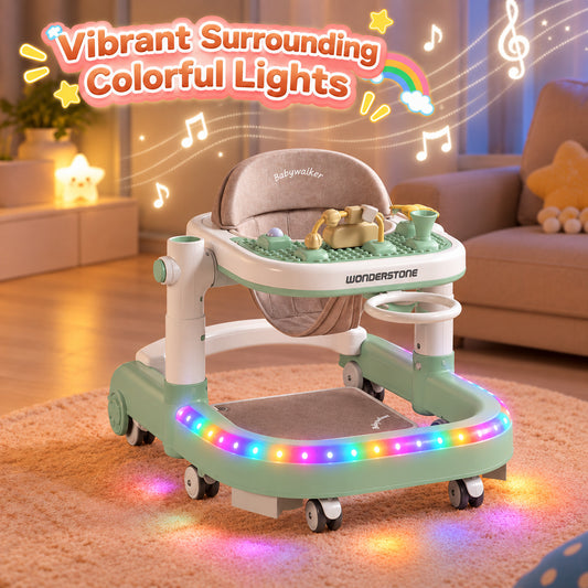 WonderStone 7-in-1 Baby Walker, Foldable Baby Activity Center with Mini Basketball Hoop, Music & Lights, Baby Bouncer Jumper Learning Toy for Boys and Girls Ages 6–12 Months (Green)