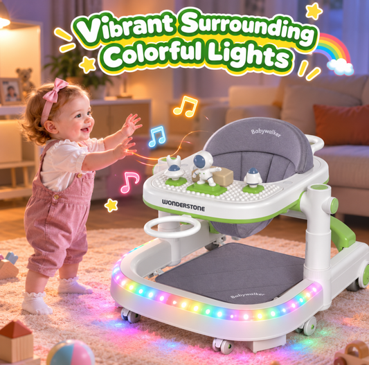 WonderStone 7-in-1 Baby Walker, Foldable Baby Activity Center with Mini Basketball Hoop, Music & Lights, Baby Bouncer Jumper Learning Toy for Boys and Girls Ages 6–12 Months (Green)