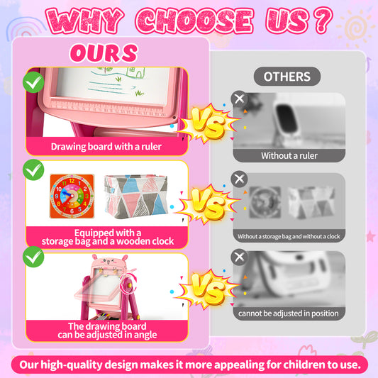 WonderStone Easel for Kids, Adjustable Double-Sided Magnetic Drawing Board with Storage, Gift for Toddlers Girls Ages 3-5, Pink