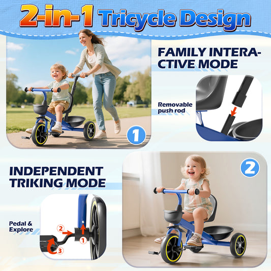 JoyStone 2-in-1 Toddler Tricycle for Ages 1-4 Years, Kids Trike Toddler Bike with Removable Push Handle, Adjustable Seat & Basket, Blue