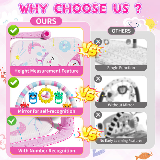 WondertStone Baby Gym Play Mat, Tummy Time Mat with Music & Light, Play Piano Activity Mat for Floor, Newborn Toys for 0-12 Months, Pink