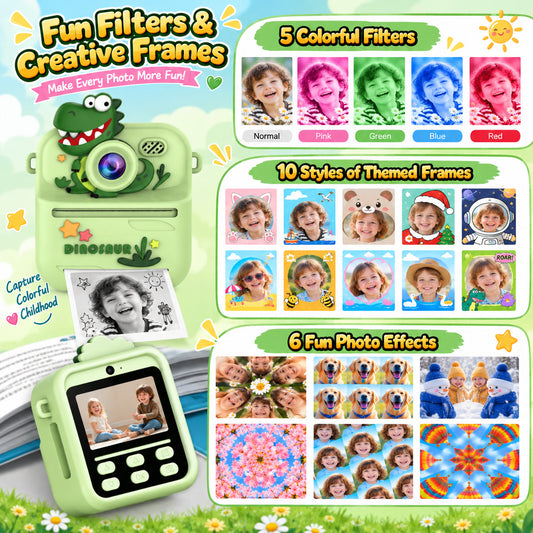 WonderStone Kids Digital Camera, Selfie Instant Print Camera with 32GB Card & 1080P Video, Camera Toy for Toddler Kids, 2 Rolls Paper & Color Pens, Gift for Boys & Girls 3–12, Green