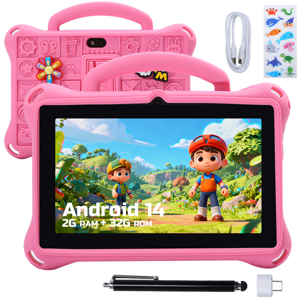 JoyStone Kids Tablet 7 inch Android 14, 2GB RAM+32GB ROM, Fun Cartoon Case, Parental Control, Dual Camera, WiFi Bluetooth, Educational Tablet for Toddlers, Pink