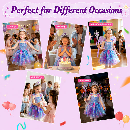 WonderStone Princess Dress for Girls, Light-Up Fairy Costume Dress-Up with Luxury Accessories, Purple Tutu Outfit for Birthday Parties, Kids & Toddlers Ages 4–5