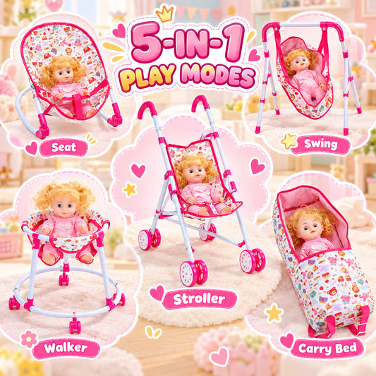 WonderStone 14"Baby Doll Playset with Stroller & Walker，Pretend Play Toy with Feeding Accessories for Kids