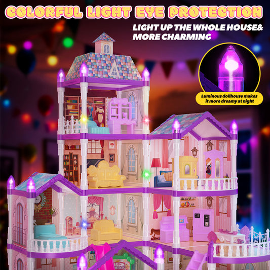 JoyStone DollHouse with Colorful Light and 10 Rooms for Girl, Huge Doll House DIY Pretend Toy, Dreamy Princess House for Kids Gifts Ages 4-8, Blue