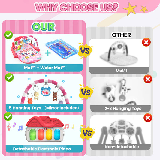 2 in 1 Baby Gym Playmat, Tummy Time Water Mat with 5 Infant Sensory Toys & Play Piano, Boys and Girls Newborn Gift 0-12 Month (Blue)