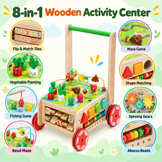 Wonderstone Wooden Baby Walker with Wheels, Adjustable Speed & Height Learning Push Walker, Sensory Educational Activity Center Learning Toy for Boys and Girls Ages 12-36 Months