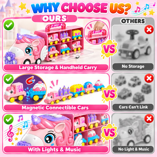 WonderStone 3-in-1 Pink Unicorn Toy Car Set, Carrier Truck with Light & Sound, Push-and-Go Vehicle Toy, Birthday Gift for Girls Ages 3–7