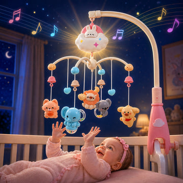 WonderStone Baby Musical Crib Mobile, Rotating Mobile with Timer, Lights & Music, Remote Control & Teether Rattles for Newborns, Pink