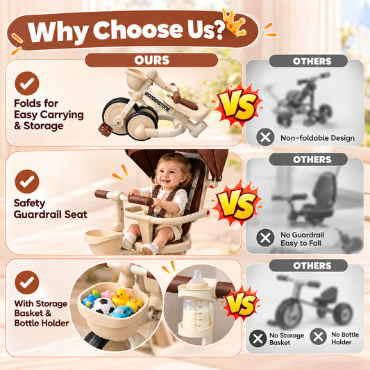 WonderStone 8-in-1 Foldable Stroller, Adjustable Sunshade & Handle with Detachable Backrest, Push Tricycle for Kids 1-4 Years Old, Brown
