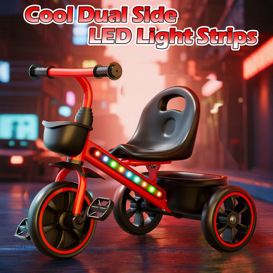 JoyStone Toddler Tricycle for Ages 1-4 Years, Kids Trike Toddler Bike with Cool Lights, Adjustable Seat & Basket, Red