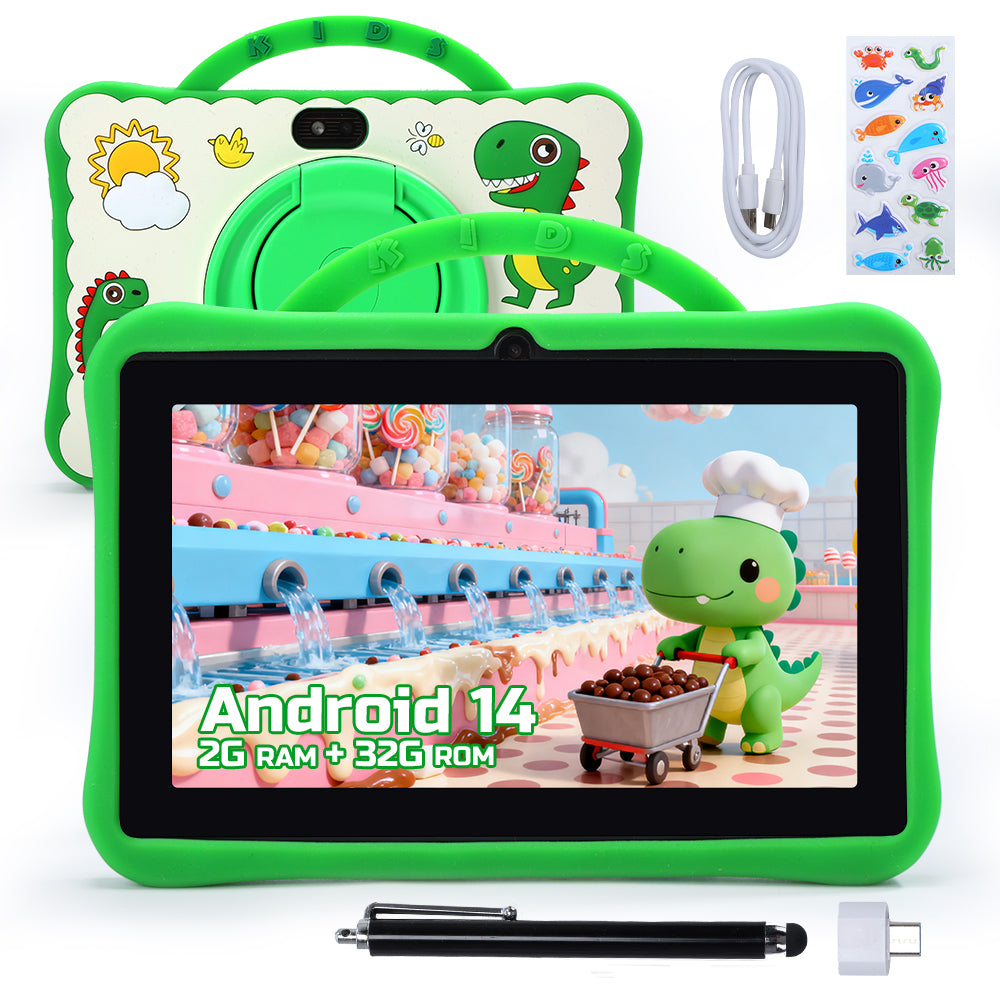 JoyStone Dinosaur Kids Tablet 7 inch Android 13, 4GB(2+2) RAM 32GB ROM, Parental Control, WiFi Bluetooth, Dual Camera, HD Display, Learning Toddler Tablet with Case, Green