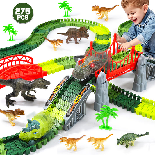 JoyStone 275 PCS Dinosaur World Race Track Toys, Flexible Dinosaur Train Tracks Playset with 2 Dinosaur Cars and 8 Dinosaur Figures, Dinosaur Toys for Boy Girls