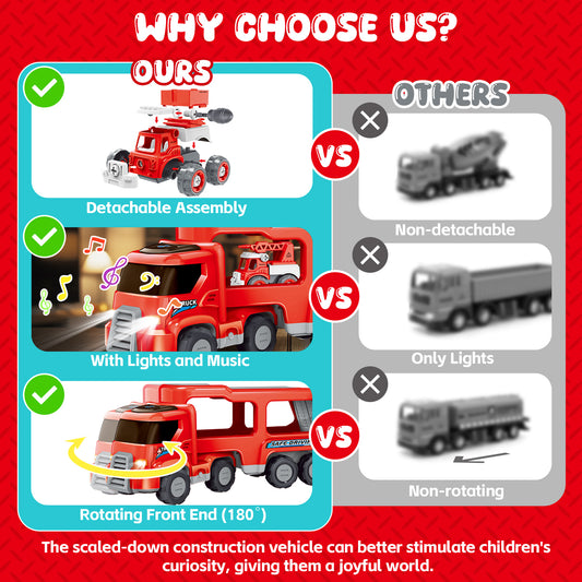 5-in-1 Fire Truck Toy with Light & Sound, Push Cars for Boys Kids 1-8 Birthday Gift