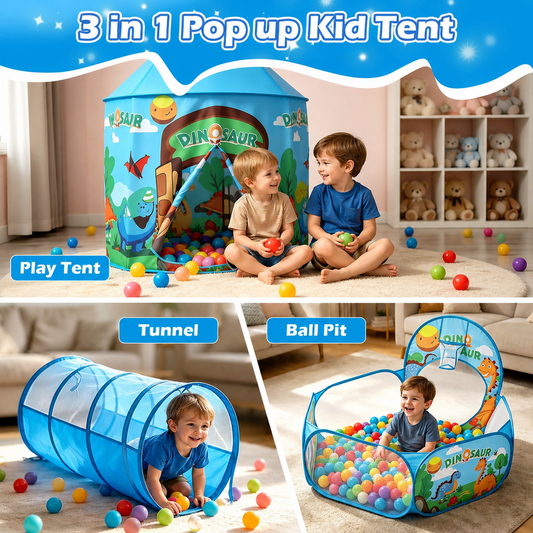JoyStone 3-in-1 Kids Dinosaur Play Tent with Tunnel & Ball Pit, Pop Up Playhouse for Toddlers, Indoor & Outdoor Toy, Foldable with Carrying Bag, Blue (Balls Not Included)