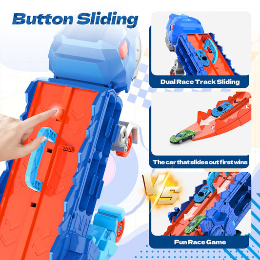 JoyStone Dinosaur Transport Truck Toy with 8 Metal Cars, 3-in-1 Dino Hauler with Sliding Race Tracks, Transforms into Triceratops, Gift for Kids Ages 3-7