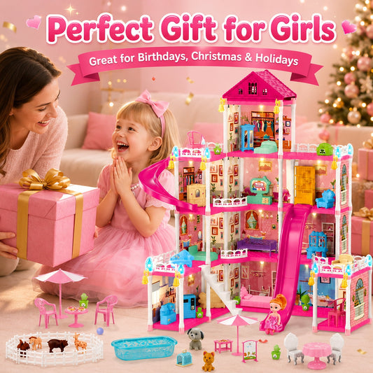 JoyStone 12 Rooms Light-Up Doll House for Girls, 31.1 in Large Dollhouse Playset with Warm LED Lights, 2 Dolls, Slide, Furniture Accessories, Pretend Play Toy Gift for Kids Ages 3+