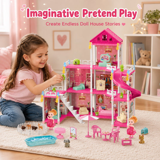 JoyStone Dollhouse, 8 Rooms Playhouse with Dolls Playset with Furniture&Light Strip& Rotating Slide, Gift Toy for Kids Ages 3-8