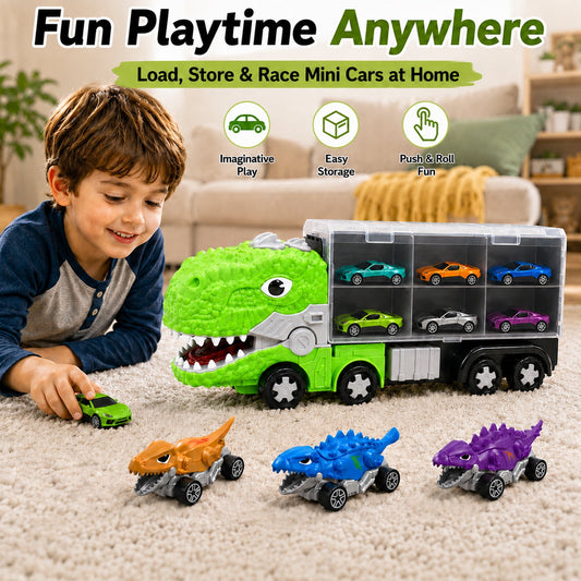 JoyStone Dinosaur Truck Toy Set with 12 Mini Alloy Cars, T-Rex Carrier Truck with Openable Storage, Push and Roll Toy Vehicles for Kids Ages 3+