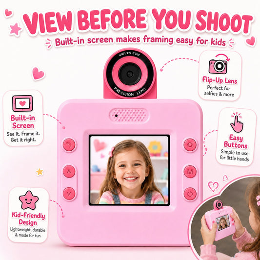 JoyStone Kids Instant Print Camera, Digital Camera for Kids with 180° Flip Lens, 2.4” Screen, 3 Paper Rolls, Birthday Gift for Kids, Pink