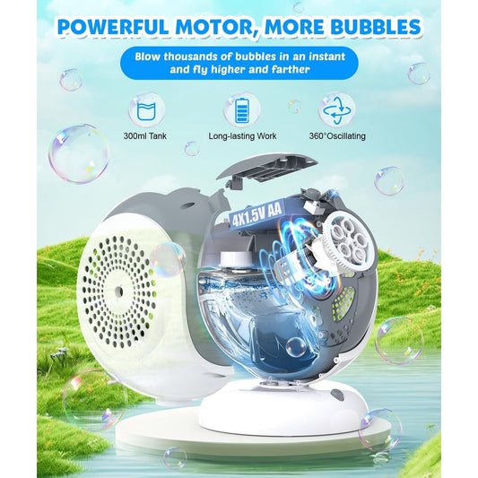 JoyStone Auto 360° Rotation & 75° Tilt Bubble Blower, Bubble Machine with 2 Bottles Bubble Solution, High Output Continuous Bubble Maker for Outdoor Party, Birthday Gifts for Kids 3+
