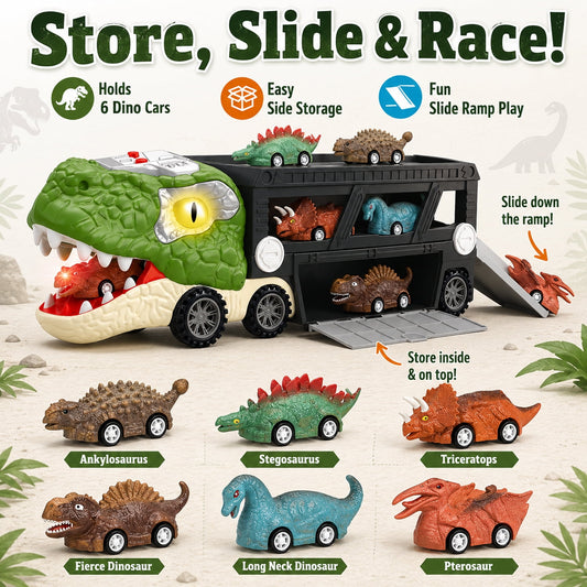 JoyStone Dinosaur Truck Toy, 17 Inch Transport Carrier with Lights, Sounds & Mist Spray, Includes 6 Dinosaur Cars, Gift for Kids Ages 3-7