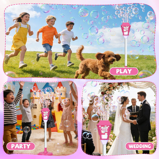 JoyStone Outdoor Bubble Machine for Kids with Lights & Music, Street Lamp Style Bubble Blower with 3 Adjustable Heights, Pink