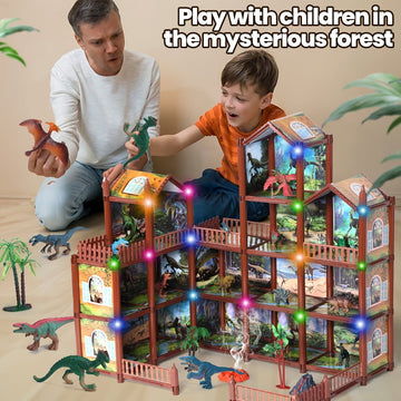 JoyStone Dinosaur Dollhouse with 14 Rooms and Mountain Playset, Includes 12 Dinosaurs & Accessories, Pretend Play House for Kids Ages 6-12