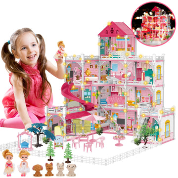 JoyStone Princess Castle House for Girls, Dollhouse Playset, 4-Story 12 Rooms Playhouse with 2 Dolls Toy Figure, Lights and Furniture & Accessories