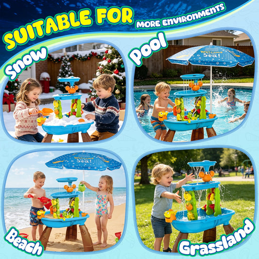 JoyStone Kids Sand Water Table with Umbrella & Electric Pump, Outdoor Water Play Table with Accessories for Toddlers Ages 3+