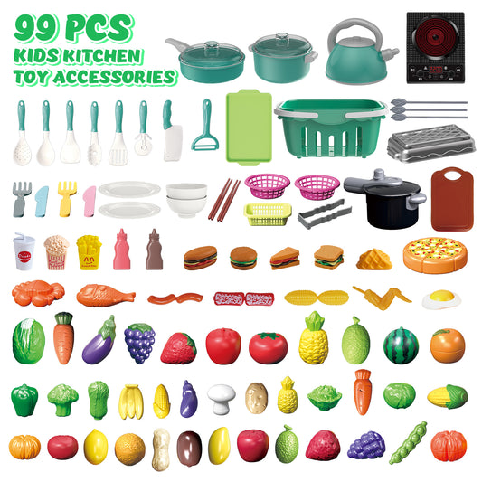 JoyStone 99PCS Kids Kitchen Toy Cookware with BBQ Play Food Toy Set,Kitchen Play Accessories with Pots and Pans,Cutting Food, Toys Gift for Toddlers, Green