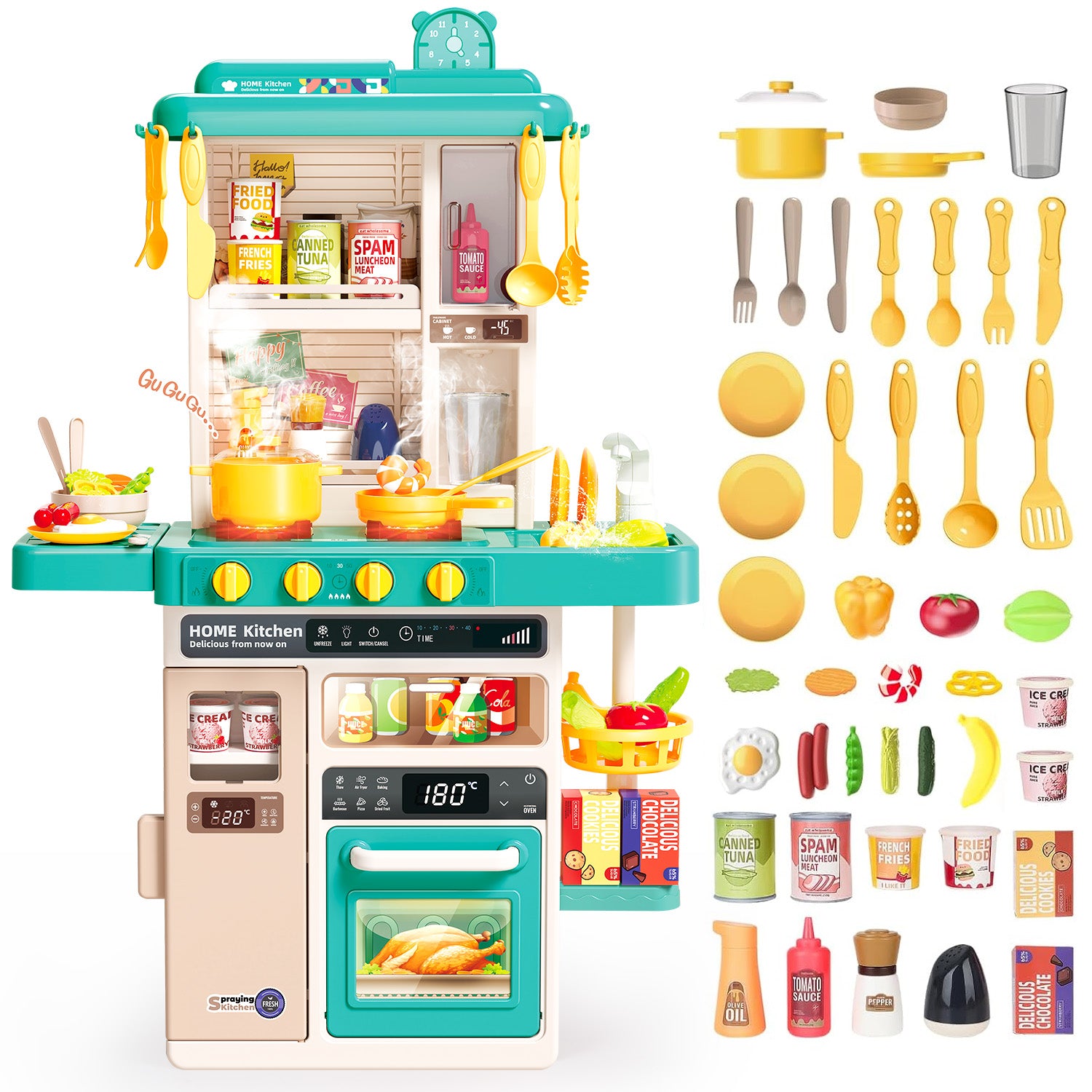 JoyStone 50PCS Kids Kitchen Playset, Play Kitchen Toy with Realistic Lights & Sounds & Spary, Cookware Steam & Other Kitchen Accessories Set for Toddlers, Green