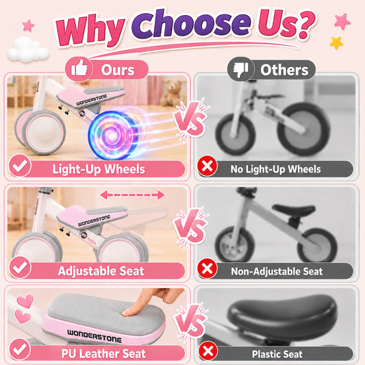 Wonderstone Balance Bike for Kids with Colorful Lights/Music, Ride-On Toy with 2 Silent Wheels, Outdoor Toddler Training Bike for Boys and Girls Aged 2–6, Pink