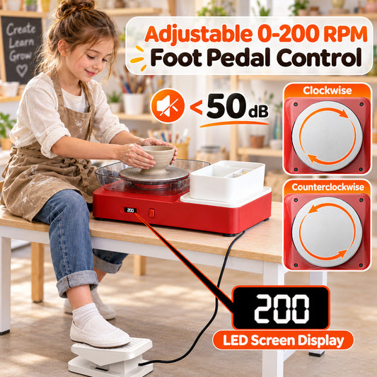 WonderStone Pottery Wheel with Foot Pedal Device, Electric Pottery Machine with 6.7'' Turntable Two-Way Rotation/2 Batteries, Complete Pottery Tools Set for kids and Adult (Red)